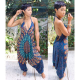 Women Clothing Style Positioning Print Sleeveless Backless Lace-Up Halter Low Profile Loose Jumpsuit