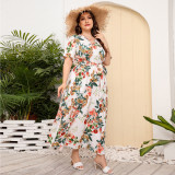 Plus Size High Waist Trendy V-Neck Floral Print Sexy Maix Dress