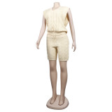 Sexy Solid Deep V Neck Sleeveless Loose Sweater Slim Shorts Two Piece Set
