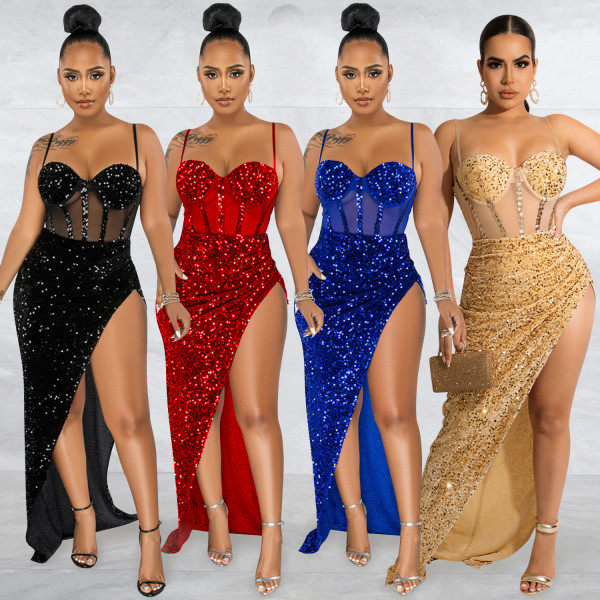 Women Fashion Strap Sequin Mesh See-Through Irregular Split Evening Dress