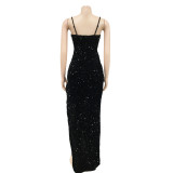 Women Fashion Strap Sequin Mesh See-Through Irregular Split Evening Dress