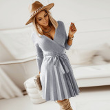 Autumn And Winter Sweater Dress Sexy V-Neck Pleated Knitting Short A-Line Dress