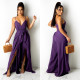Women Clothing Summer Solid Belt Wide Leg Slit Strap Jumpsuit