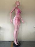 Summer Multi-Color Big Diamond Beaded Strap Halter Low Back Club Dress