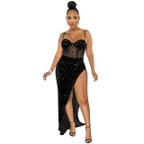 Women Fashion Strap Sequin Mesh See-Through Irregular Split Evening Dress