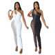 See-Through Mesh Patchwork Slash Shoulder Beaded Slim Jumpsuit Female