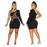 One Shoulder Long Sleeve See-Through Mesh Patchwork Beaded Bodycon Dress