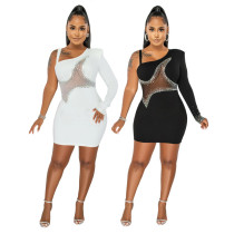 One Shoulder Long Sleeve See-Through Mesh Patchwork Beaded Bodycon Dress One Shoulder Long Sleeve See-Through Mesh Patchwork Beaded Bodycon Dress