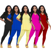 Women Casual Short Sleeve Split Top + Pants Two Piece Set