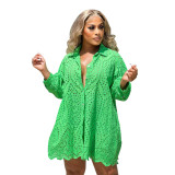Women Clothes Fashion Solid Cutout Casual Shirt Dress