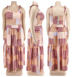 Plus Size Women Clothes Summer Plaid Crop Strap Top Loose Swing Skirt Two Piece Set