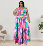 Plus Size Women Clothes Summer Plaid Crop Strap Top Loose Swing Skirt Two Piece Set