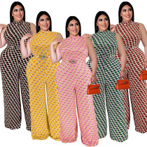 Plus Size Women Clothes Elegant Plaid Stand Collar Sleeveless Wide Leg Jumpsuit Plus Size Women Clothes Elegant Plaid Stand Collar Sleeveless Wide Leg Jumpsuit