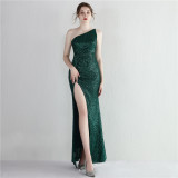 Sequined One-Shoulder Formal Party Split Long Sequined Evening Dress