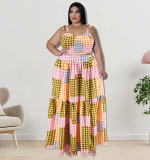 Plus Size Women Clothes Summer Plaid Crop Strap Top Loose Swing Skirt Two Piece Set