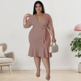 Plus Size Women Clothes Summer Solid Half Sleeve V-Neck Mermaid Midi Dress