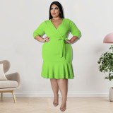Plus Size Women Clothes Summer Solid Half Sleeve V-Neck Mermaid Midi Dress