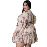 Women Clothes Plus Size Floral Print Wrap Long Sleeve Loose Sexy Dress