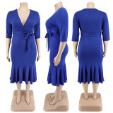 Plus Size Women Clothes Summer Solid Half Sleeve V-Neck Mermaid Midi Dress