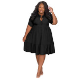 Summer Solid Turndown Collar Single Breasted Plus Size Women Clothes Fashion Casual Short Sleeve Shirt Dress