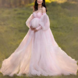 Plus Size Women Puff Sleeve Off Shoulder Mesh Maternity Dress