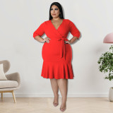 Plus Size Women Clothes Summer Solid Half Sleeve V-Neck Mermaid Midi Dress