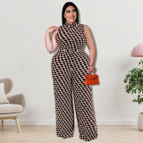 Plus Size Women Clothes Elegant Plaid Stand Collar Sleeveless Wide Leg Jumpsuit