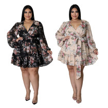 Women Clothes Plus Size Floral Print Wrap Long Sleeve Loose Sexy Dress Women Clothes Plus Size Floral Print Wrap Long Sleeve Loose Sexy Dress