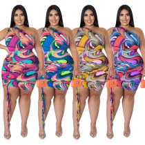 Plus Size Women Clothes Print One Shoulder Sleeveless Keyhole Sexy Drawstring Bodycon Dress Plus Size Women Clothes Print One Shoulder Sleeveless Keyhole Sexy Drawstring Bodycon Dress