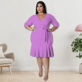 Plus Size Women Clothes Summer Solid Half Sleeve V-Neck Mermaid Midi Dress