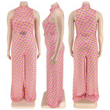 Plus Size Women Clothes Elegant Plaid Stand Collar Sleeveless Wide Leg Jumpsuit