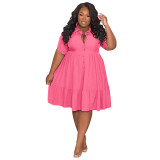 Summer Solid Turndown Collar Single Breasted Plus Size Women Clothes Fashion Casual Short Sleeve Shirt Dress