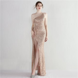 Sequined One-Shoulder Formal Party Split Long Sequined Evening Dress