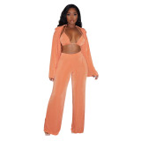 Women Clothes Long Sleeve Coat Bra Top Wide Leg Pants Solid Casual Fashion Three Piece Set