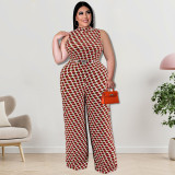 Plus Size Women Clothes Elegant Plaid Stand Collar Sleeveless Wide Leg Jumpsuit