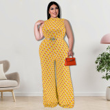 Plus Size Women Clothes Elegant Plaid Stand Collar Sleeveless Wide Leg Jumpsuit