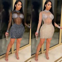 Sexy Nightclub Women Clothes Beaded Mesh See-Through Round Neck Long Sleeve Midi Dress
