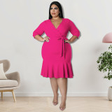 Plus Size Women Clothes Summer Solid Half Sleeve V-Neck Mermaid Midi Dress