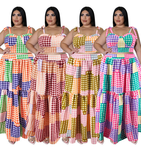 Plus Size Women Clothes Summer Plaid Crop Strap Top Loose Swing Skirt Two Piece Set