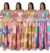 Plus Size Women Clothes Summer Plaid Crop Strap Top Loose Swing Skirt Two Piece Set Plus Size Women Clothes Summer Plaid Crop Strap Top Loose Swing Skirt Two Piece Set