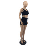 Women Clothes Print Velvet Crop Tank Top Shorts Two Piece Set