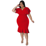 Fashion Plus Size Women's Summer Style V-Neck Solid Bodycon Dress