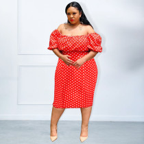 Summer Red Polka Dot Print Puff Sleeve Plus Size Off Shoulder Chic High Dress Summer Red Polka Dot Print Puff Sleeve Plus Size Off Shoulder Chic High Dress