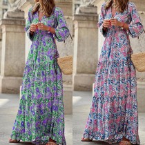 Women's Fall Chic V-Neck Boho Print Swing Dress Women's Fall Chic V-Neck Boho Print Swing Dress