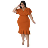 Fashion Plus Size Women's Summer Style V-Neck Solid Bodycon Dress