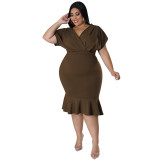 Fashion Plus Size Women's Summer Style V-Neck Solid Bodycon Dress