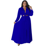 Plus Size Women's Solid Cotton Lace-Up Long Sleeve Top Swing Skirt Set Two Piece Set