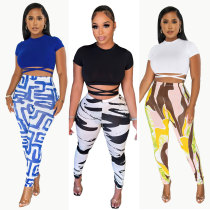 Women Sexy Short Sleeve Top+ Printed Trousers Two-piece Set Women Sexy Short Sleeve Top+ Printed Trousers Two-piece Set