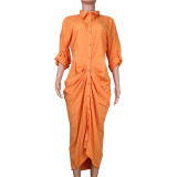 Women Summer Solid Sexy Pleated Shirt Dress