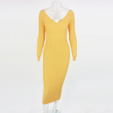 Women Autumn/Winter Solid V-Neck Long Sleeve Maxi Sweater Dress